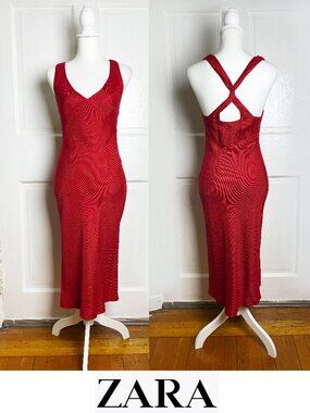 Vintage Zara Red Textured Knit Sleeveless Midi Slip Dress Cross Back Size 6